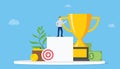 High goals personal target concept with people and achievement and dart with big trophy - vector Royalty Free Stock Photo
