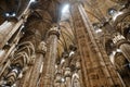 High gothic arched ceiling with lighting in the Duomo. Italy, Milan