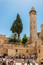 High growing trees and Minaret of the Mosque of Omar near Church of the Holy Sepulcher in Jerusalem, Israel