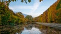 High hedge, clouds and its reflection in the pond at the Oliwa Park in the autumn scenery. Royalty Free Stock Photo