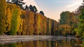 High hedge, clouds and its reflection in the pond at the Oliwa Park in the autumn scenery.