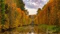 High hedge, clouds and its reflection in the pond at the Oliwa Park in the autumn scenery. Royalty Free Stock Photo