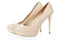 High heel beige shoes pair on white Royalty Free Stock Photo