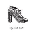 High Heel Boots, isolated hand drawn outline doodle, sketch, black and white illustration with inscription Royalty Free Stock Photo