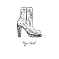 High Heel, isolated hand drawn outline doodle, sketch, black and white illustration with inscription Royalty Free Stock Photo