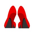 High heel red beautiful foot shoes wear. Feminine trendy fashion accessories flat back view. Love sexy long model vector icon Royalty Free Stock Photo