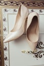 Bride`s high heel shoes. Elegant bride shoes