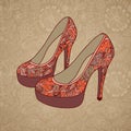 A high-heeled vintage shoes with flowers fabric. High heels background with place for you text on paper background. Royalty Free Stock Photo