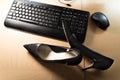 High heels on an office desk at workplace. Royalty Free Stock Photo
