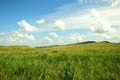 High hills overgrown with grass in the endless steppe under the summer cloudy sky