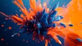 A high-impact 3D splash of neon orange and bright blue, with energetic, dynamic shapes exploding