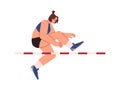 High jump athletic vector flat illustration, woman performs high jump through the barrier, cartoon sportswoman in motion