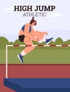 High jump athletic vector poster, woman performs a high jump, athlete cartoon character in motion, Sport competition Royalty Free Stock Photo