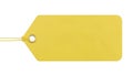 An isolated blank bright yellow tag with rounded corners and a pointed end, held by a string on a pure white background Royalty Free Stock Photo