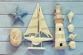 High key image of top view nautical concept with nautical life style objects. vintage filtered Royalty Free Stock Photo