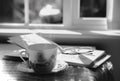 High key light Hot tea with steaming in black and white, Still life cuppa tea with steam on a coffee table with morning light Royalty Free Stock Photo