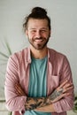 Portrait of a beautiful bearded hipster man with a tattoo sleeve Royalty Free Stock Photo