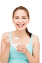 High key Portrait young caucasian woman eating yogurt isolated Royalty Free Stock Photo
