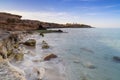 high key view of the pictureque cove at Cala Comte on Ibiza Island