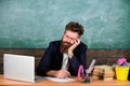 High level fatigue. Fall asleep at work. Educators more stressed work than average people. Exhausting work school cause Royalty Free Stock Photo