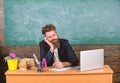 High level fatigue. Life of teacher exhausting. Fall asleep at work. Educators more stressed work than average people Royalty Free Stock Photo