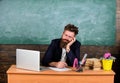 High level fatigue. Life of teacher exhausting. Fall asleep at work. Educators more stressed work than average people Royalty Free Stock Photo