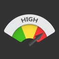 High level risk gauge vector icon. High fuel illustration on black background.