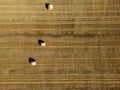 High level top down birds eye view aspect view over a wheat field with bales of straw ready for collection Royalty Free Stock Photo