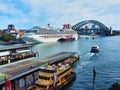 High Level View Over Circular Quay to Cruise Ship and the Sydney Harbour Bridge, Australia Royalty Free Stock Photo