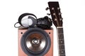 High loudspeaker tower with acoustic guitar Royalty Free Stock Photo