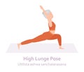 High Lunge Yoga pose. Utthita ashwa sanchalanasana. Elderly woman practicing yoga asana. Healthy lifestyle. Flat cartoon