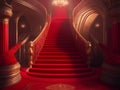 High luxury red car parked in Red glowing carpet and ceremonial VIP staircase, close up. VIP luxury entrance with red carpet Royalty Free Stock Photo