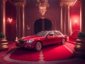 High luxury red car parked in Red glowing carpet and ceremonial VIP staircase, close up. VIP luxury entrance with red carpet. Royalty Free Stock Photo