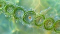 A high magnification image of a single cyanobacteria cell with its distinct spiral shape and pigmented granules. . AI