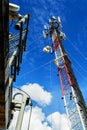 High mast metal structure telecommunication on tower with blue s