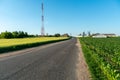 High modern cell tower installed near the roadway, transmitting 5g and 4g radio signal. Radioactive radiation in rural areas