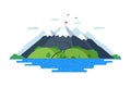 High mountain with green hills forest and blue lake nature landscape vector illustration. Climbers route trail to rock
