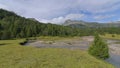 High mountain overview, with stone pine and flowing river