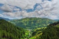 High mountain panorama drone fly above the mountains In summer. Aerial View Above in the Carpathian Mountains And Meadows Royalty Free Stock Photo