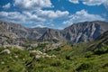 High mountain panorama with forest and isolated houses on the mountainside on a sunny day Royalty Free Stock Photo