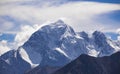 High mountain peak with steep slopes, cliffs, glaciers in the Tien Shan in autumn Royalty Free Stock Photo