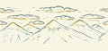 High mountain ranges with clouds graphic seamless vector sketch border. Landscape. Hand drawn color vector background