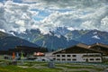 High mountain ski resort modern buildings in alpine landscape summer season Royalty Free Stock Photo