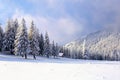 High on the mountains in the forest covered with snow there is lonely old wooden hut standing with fence on the lawn. Royalty Free Stock Photo