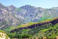 High mountains with green grass and trees against the blue sky on a summer day Royalty Free Stock Photo