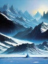 high mountains and rocks on frozen alien planet, generative ai illustration, science fiction scenery