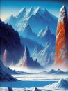 high mountains and rocks on frozen alien planet, generative ai illustration, science fiction scenery