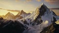 High mountains with sharp summits in snow at sunset with fluffy clouds in the sky. Royalty Free Stock Photo
