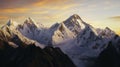 High mountains with sharp summits in snow at sunset with fluffy clouds in the sky. Royalty Free Stock Photo