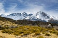 High mountains with snow on top in the winter, beautiful skies and clouds. The grass is yellow in Mount Cook Rd Royalty Free Stock Photo